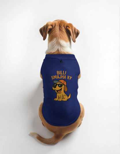 Dog wearing a blue shirt with a cartoon character and text on a white background