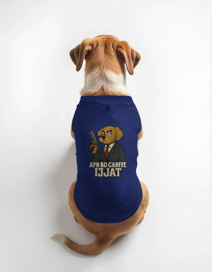 Dog wearing a blue shirt with a graphic and text on a white background