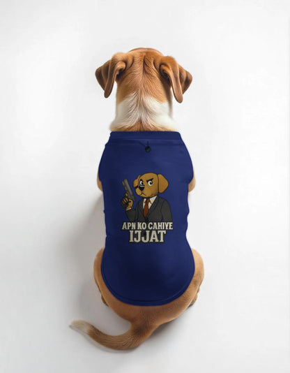 Dog wearing a blue shirt with a graphic and text on a white background