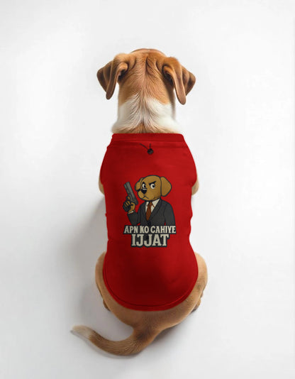 Dog wearing a red shirt with a graphic design on a white background